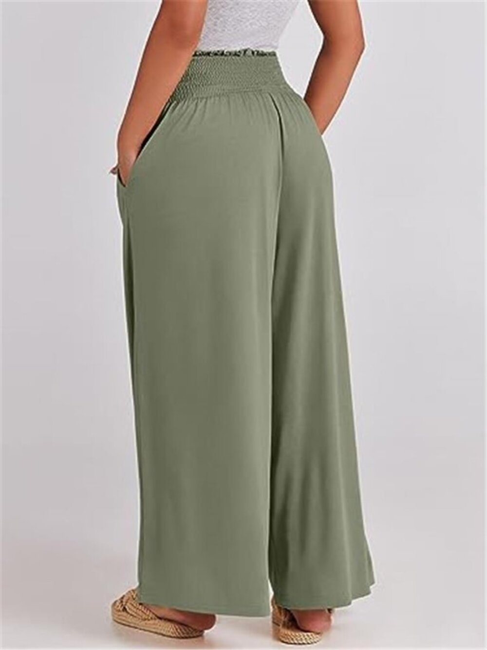 Sage Green Palazzo Pants High Smocked Waist Wide Leg Lounge Trousers - Picture 5 of 6